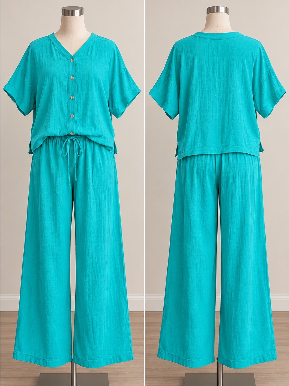 Dear Scarlett Vista Linen Resort Set Aqua Turquoise 2 Piece Wide Leg Pants S NWT